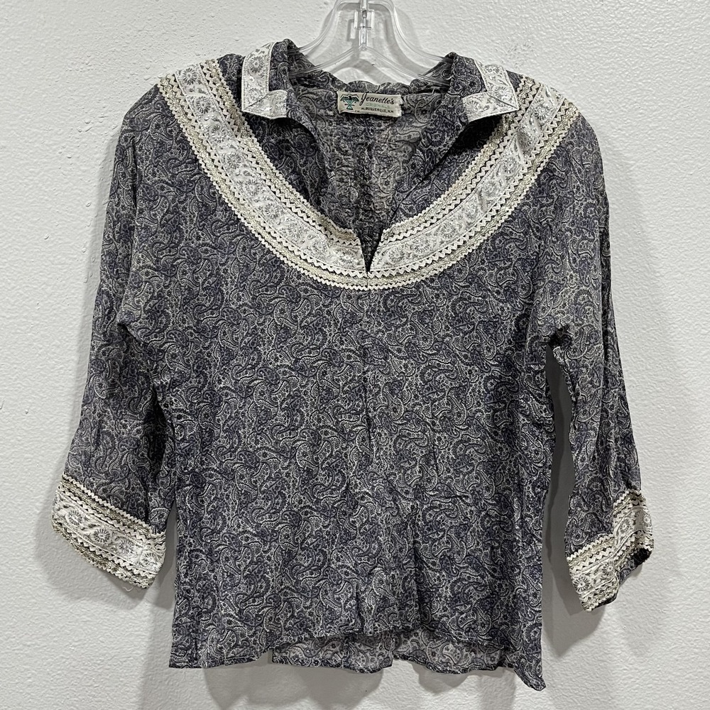Vtg 50s Jeanette Albuquerque Southwestern Patio Metallic Silver Black Blouse S/M